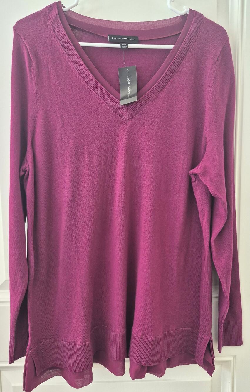 Lane Bryant V Neck Sweater Size 14/16 Chiffon Trim Raspberry Pink Soft NWT